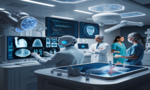 A futuristic healthcare setting where a medical team, including a robot, reviews digital medical scans and data on large screens. The room is equipped with advanced technology, including robotic arms and holographic displays, indicating a high-tech approach to patient care and diagnosis