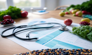 A stethoscope draped over a background of medical charts with various fruits and vegetables like apples, lemons, and cucumbers arranged on top, symbolizing the connection between healthcare and nutrition. The image uses a blue and green color palette to evoke a sense of health and trust