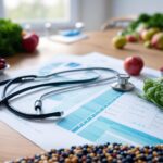 A stethoscope draped over a background of medical charts with various fruits and vegetables like apples, lemons, and cucumbers arranged on top, symbolizing the connection between healthcare and nutrition. The image uses a blue and green color palette to evoke a sense of health and trust