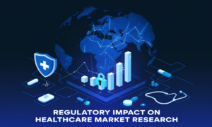 An image titled 'Regulatory Impact on Healthcare Market Research' with bold, modern typography. The text is split into two lines, with 'REGULATORY IMPACT ON' on the top and 'HEALTHCARE MARKETRESEARCH' below, emphasizing the focus on regulations and healthcare market research.