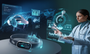 Digital health technology featuring a doctor using a holographic interface, a patient with a wearable device, a robot assistant, and a VR headset, symbolizing innovation in modern healthcare